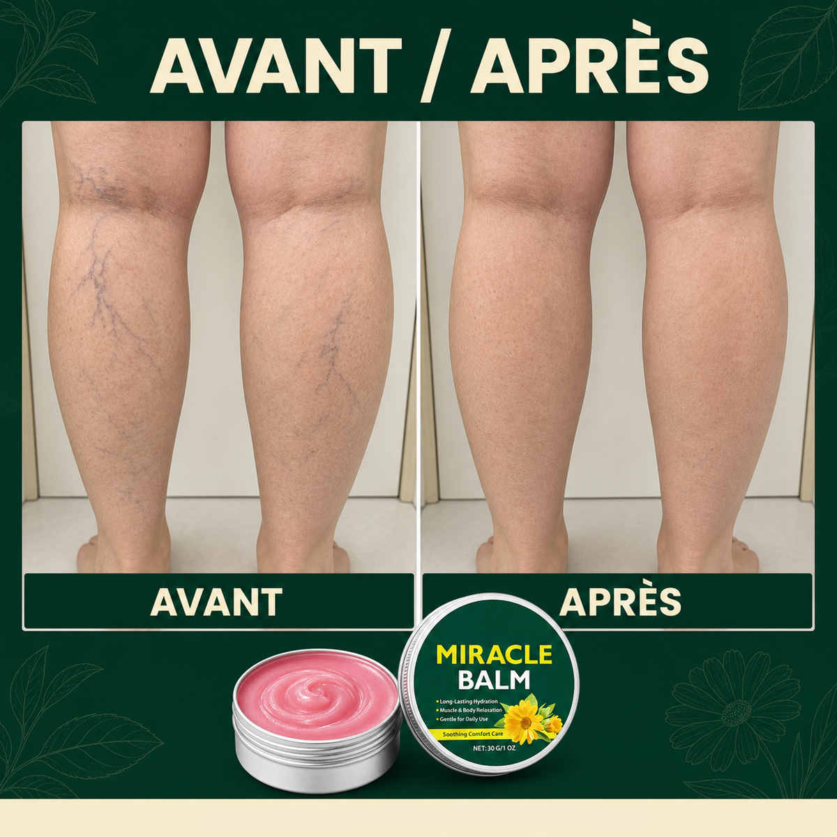 Avant et après — application sur les jambes